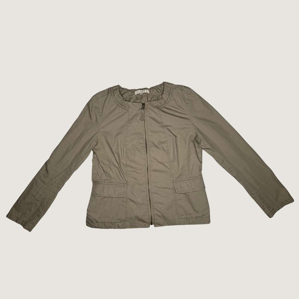 Loft Jacket MP Tan Cotton Blend Zip Front Gathered Collar Peplum Utility Utility